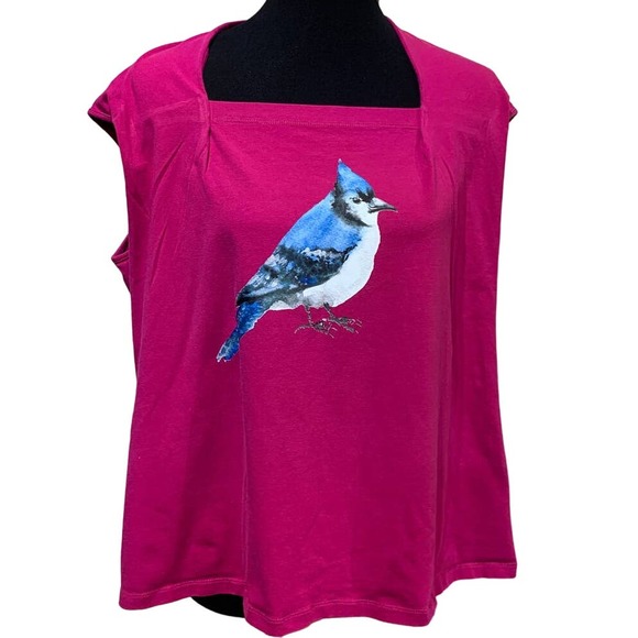 Hand Printed Upcycled Womens 1X Watercolor Blue Jay Bird Lover Sleeveless Top - Picture 1 of 4